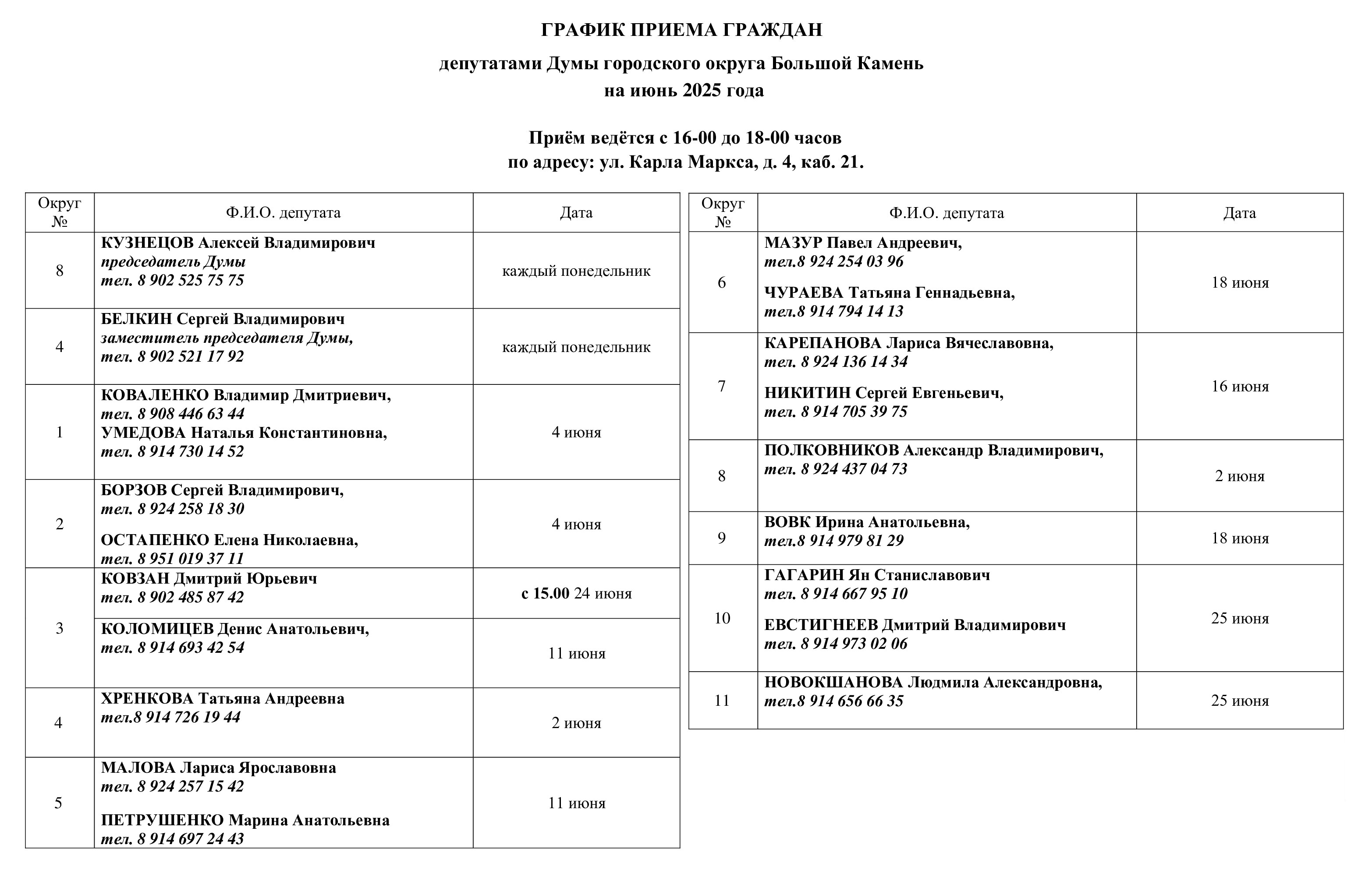 График приема граждан депутатами на июнь 2025 года.